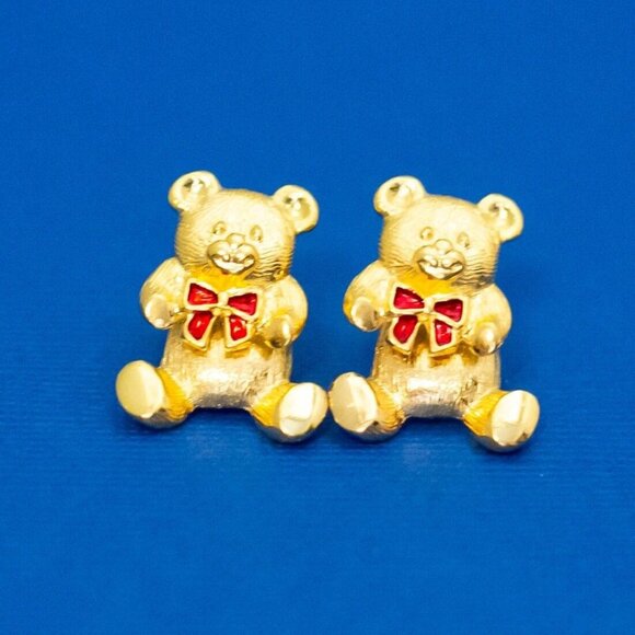Vintage Gold Tone Teddy Bear Red Ribbon Stud Earrings by Avon - D41 - Picture 1 of 3